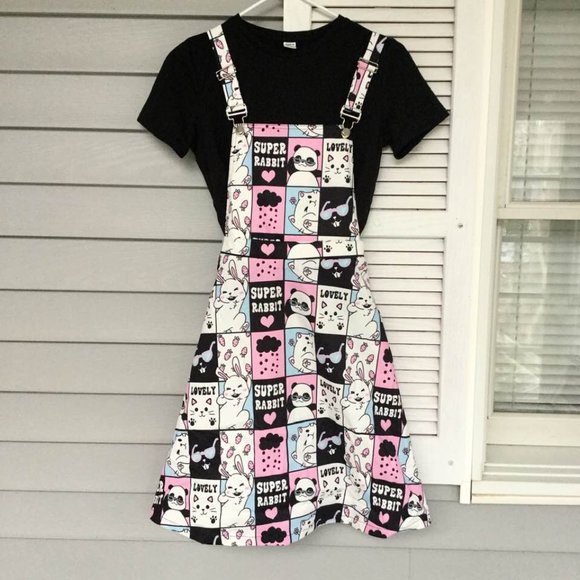 SHEIN Other - Shein Girls Kuwaii Overall Dress Black Pink Graphic Print Size 11/12